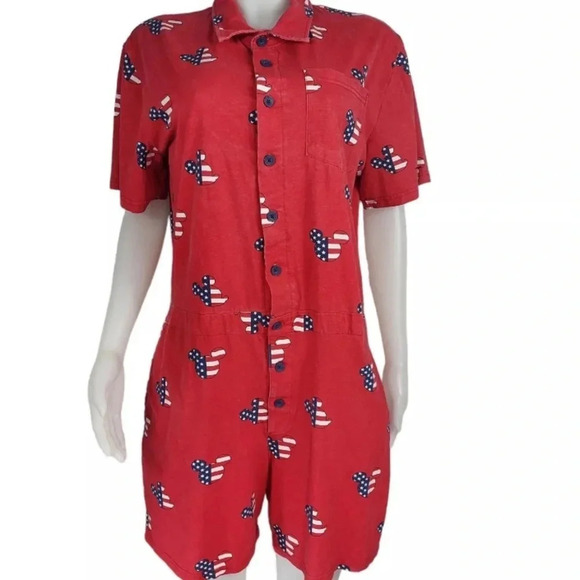 Disney utility red white blu cotton mickey mouse shorts romper jumpsuit vacation - Picture 1 of 6